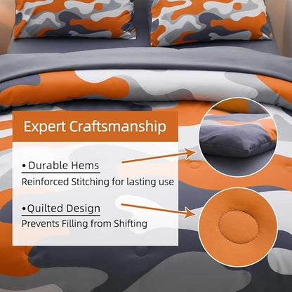 Meeting Story Camouflage Bedding Set, Colorful Pattern Style Comforter Set, 5 PCS One Comforter Two Pillowcases Two Sheets in One Bag, All Season Bedspread for Teens Adults (Orange, Queen 5Pcs)