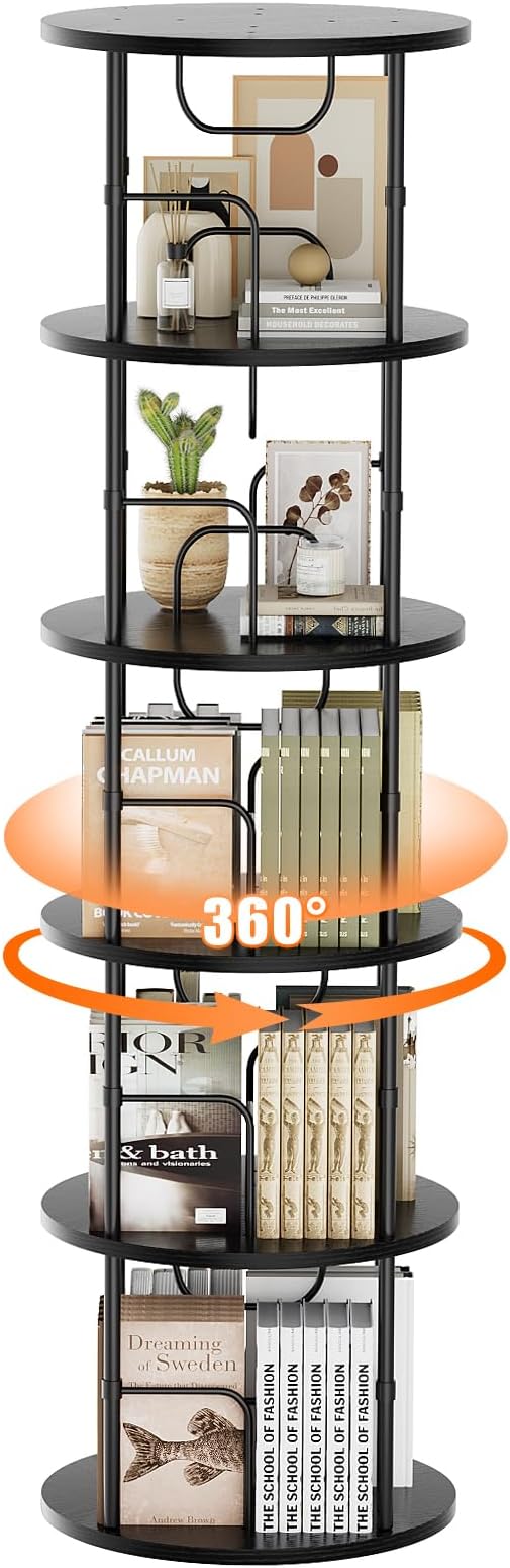 5 Tier Rotating Bookshelf, 360 ° Display Stackable Spinning Bookshelf Tower, Narrow Space Saving Tall Floor Standing Swivel Bookcase Corner Storage Organizer for Bedroom, Living Room, Black