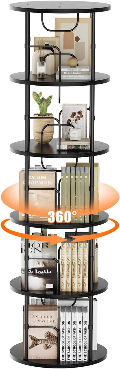 5 Tier Rotating Bookshelf, 360 ° Display Stackable Spinning Bookshelf Tower, Narrow Space Saving Tall Floor Standing Swivel Bookcase Corner Storage Organizer for Bedroom, Living Room, Black