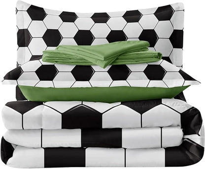 Soccer Comforter Set Full for Boys Girls, 5 Pieces Soccer Bedding Twin Bed in a Bag Set with Sheets, Black and White Bed Sets for Teenage