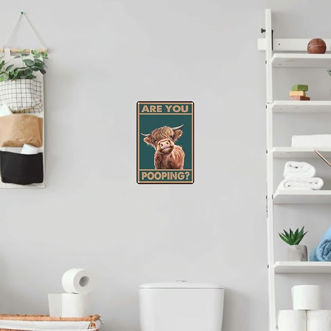 Vintage Highland Cow Tin Sign: Funny "Are You Pooping?" Bathroom Wall Decor for Western & Highland Cow Lovers 8 x 12 Inch (3039)