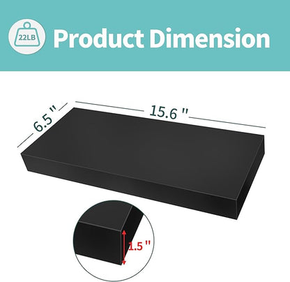 LaVie Home Floating Shelves, 15.6 Inch Wall Shelf Set of 3, Hanging Shelf with Invisible Brackets, Wall Decor for Bathroom, Bedroom, Living Room, Kitchen Storage, Classic Black