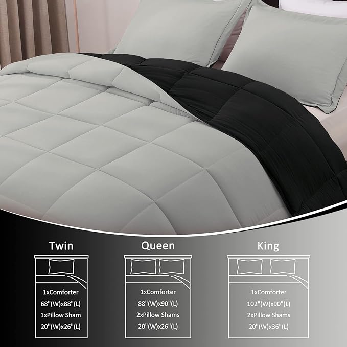 Basic Beyond Queen Comforter Set - Fluffy Comforter Queen Set for All Seasons - Reversible Black and Grey Queen Comforter Set for Mens - 3 Pieces (1 Comforter + 2 Pillow Shams)