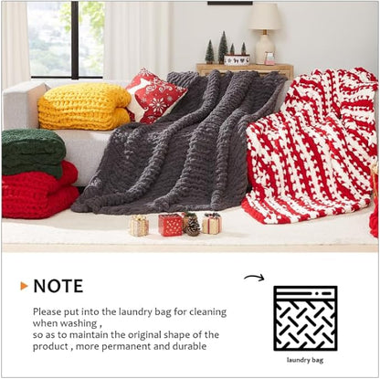 L'AGRATY Chunky Knit Blanket Throw - Soft Chunky Throw Blanket 60x80: 100% Hand Kintted Chenile Crochet Throw Blanket for Couch - Large Cable Knit Chunky Blanket for Home Decor(Red and White)