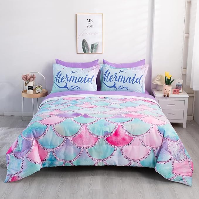 Wajade Kid Mermaid Scale Comforter Bedding Set Twin Size, Colorful Rainbow 3D Fish Scale 7 Pieces Soft Bedding Sets with Comforter, Sheet, Pillowcase and Sham for Girls