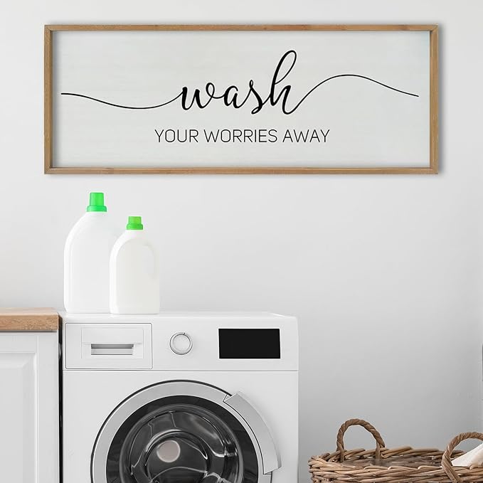 SRSZHIYUE Wash Your Worries Away Bathroom Sign Wall Art 40"x15" Funny Restroom Toilet Large Wood Framed Hanging Decor (Wood)