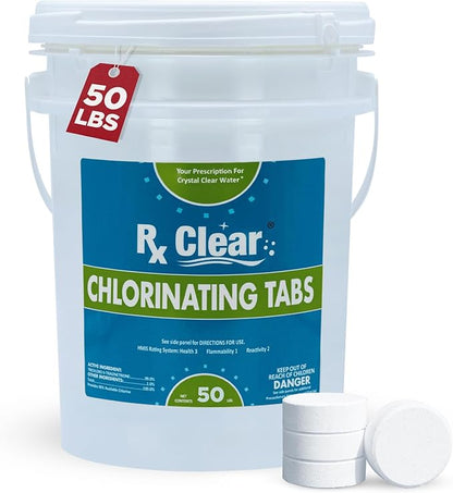 Rx Clear 3" Inch Chlorine Tabs | 50 Pounds | Individual Stabilized Chlorinating Tablets for Sanitizing Swimming Pools | Long Lasting, Slow Dissolving, and UV Protected