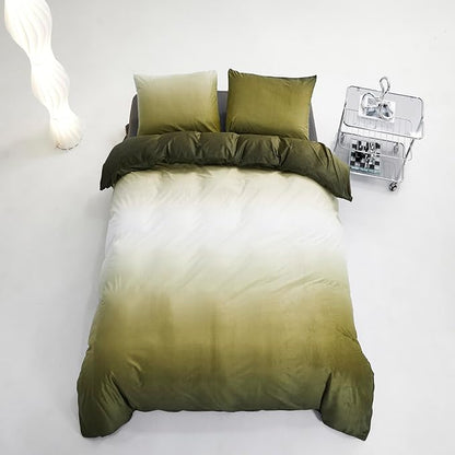 Green White Comforter Set Velvet Queen Gradient Olive Green Bedding Comforter Women Plain White and Army Green Gradient Soft Quilt Flannel Dark Green Comforter Warm Queen Bed Comforter