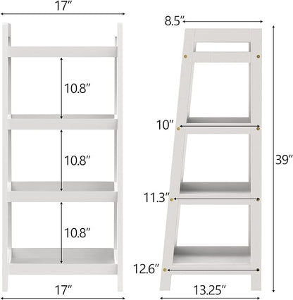 4 Tier Bamboo Bookshelf, Free Standing Ladder Shelf, Storage Shelf Rack for Bathroom, Kitchen, Living Room - White