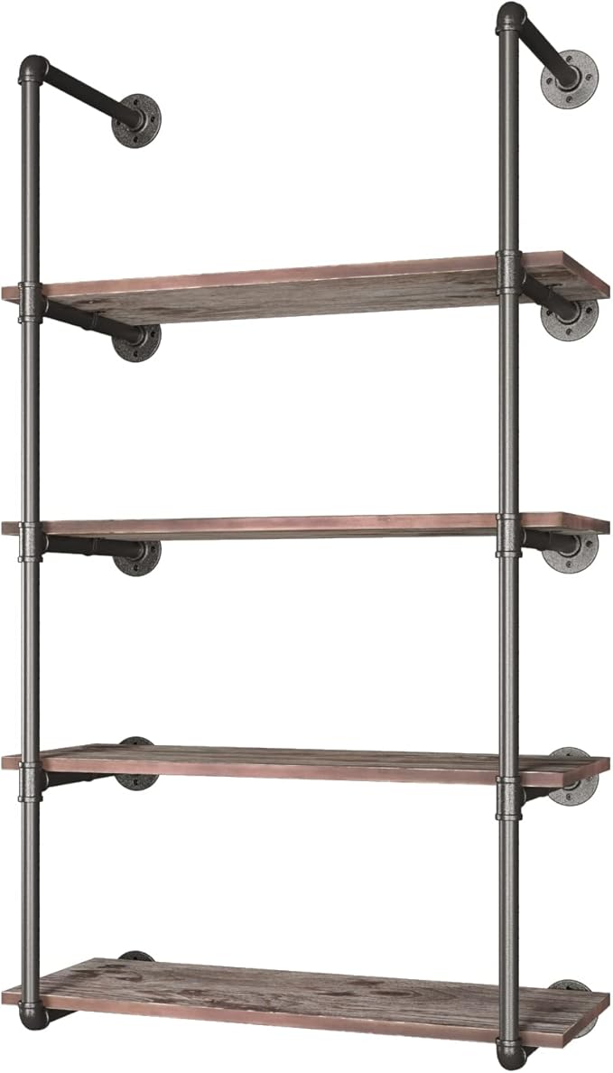 Yuanshikj (56" Tall Industrial Pipe with 31" Solid Wood Shelf/Shevles/Shelving Bookshelf/Bookcase Metal Iron Pipe Rustic Open DIY Display Wall Mounted for Living/Bed/Office Room Decor Storage