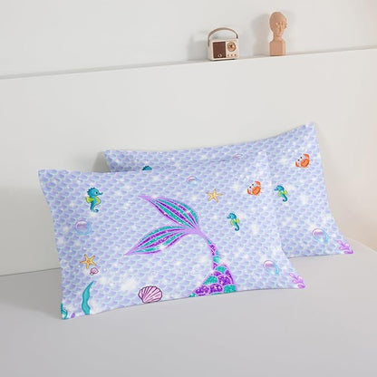 HOSIMA Mermaid Tail Comforter Set 3Pcs with 2 Pillowcases,Purple Fish Scales Bedding Set for Girls Kids Women,Cartoon Ocean Life Sea Animal Full Size Bed in a Bag Set Mermaid Room Decor