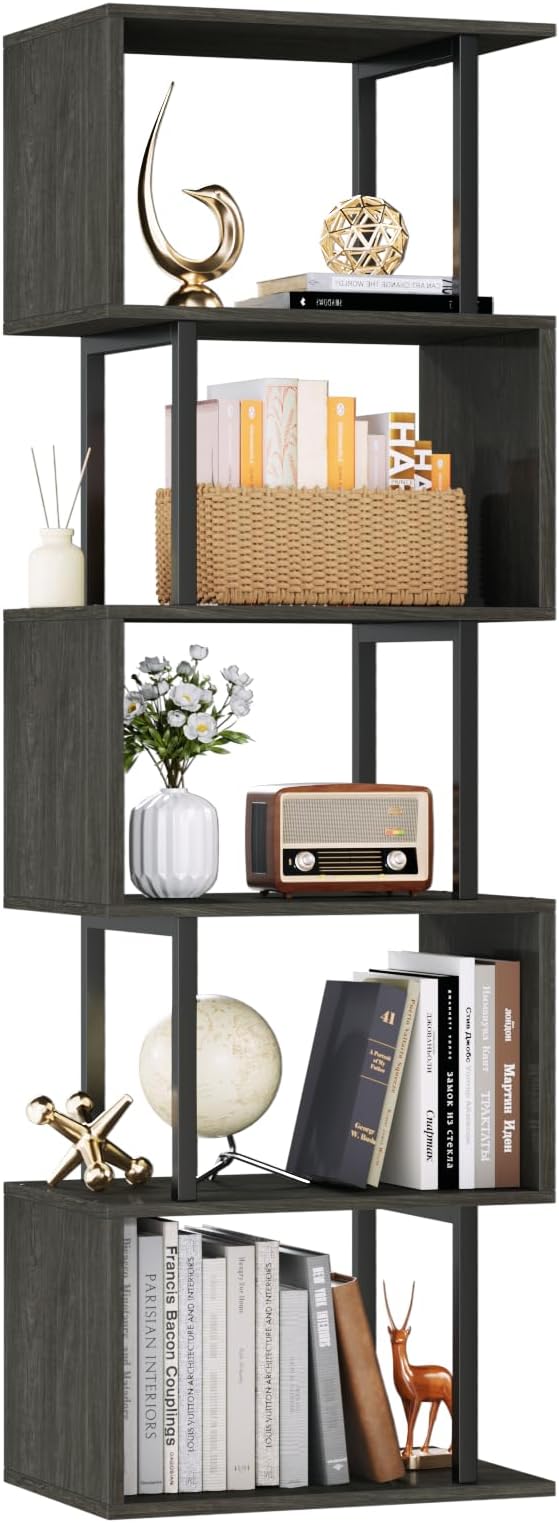 Furologee 6 Tier Bookshelf Tall Geometric Bookcase, S-Shaped Industrial Display Standing Shelf, Metal and Wood Decorative Storage Room Divider Shelves for Bedroom, Living Room, Office, Light Black Oak