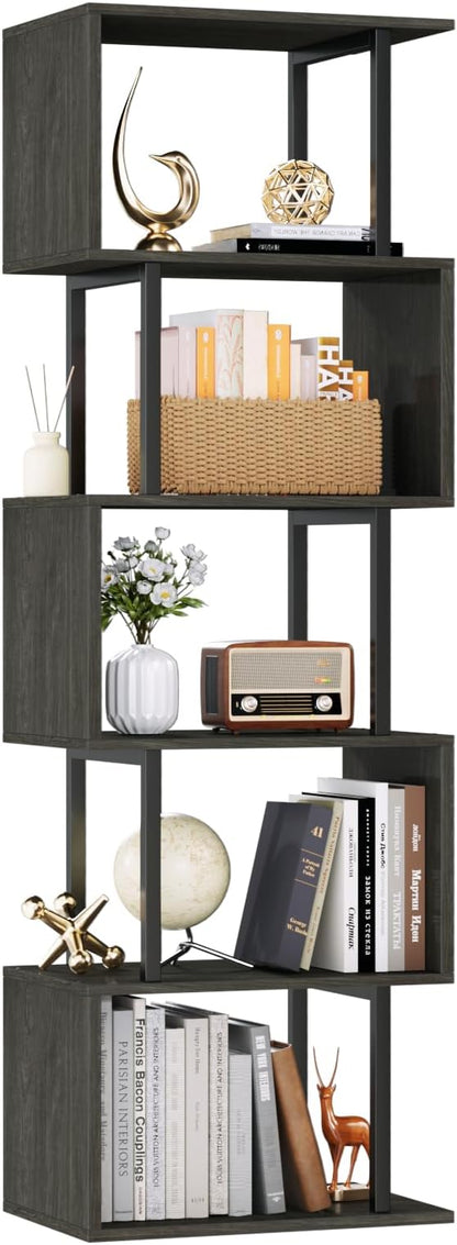 Furologee 6 Tier Bookshelf Tall Geometric Bookcase, S-Shaped Industrial Display Standing Shelf, Metal and Wood Decorative Storage Room Divider Shelves for Bedroom, Living Room, Office, Light Black Oak