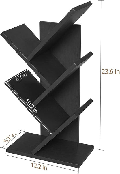 Topfurny Tree Bookshelf, 4-Tier Book Storage Organizer Shelves Floor Standing Bookcase, Wood Storage Rack for Office Home School Shelf Display for Cd/Magazine/Book -Black