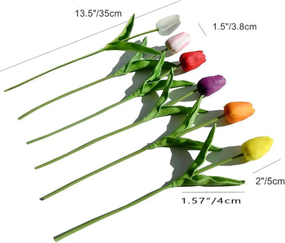 Mandy's Artificial Tulips 12 Stems Multicolor PU Faux Flowers for Wedding Home Decor 13.5 Inch