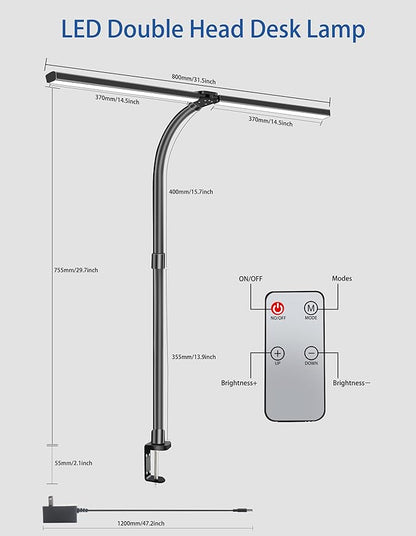 LED Desk Lamp with Remote for Home Office,24W Bright Desk Light with Clamp for Study Reading, Double Head Eye-Caring Clip on Lights,10 Dimmable Brightness, 50,000H Life Span,Desk Lamp for Workbench