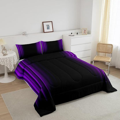 Geometric Abstract Ombre Comforter Set Kids Teens Purple and Black Striped Bedding Bed Set Decor Modern Fashion Comforter Inner Fill Bedroom Collection 3Pcs King Size