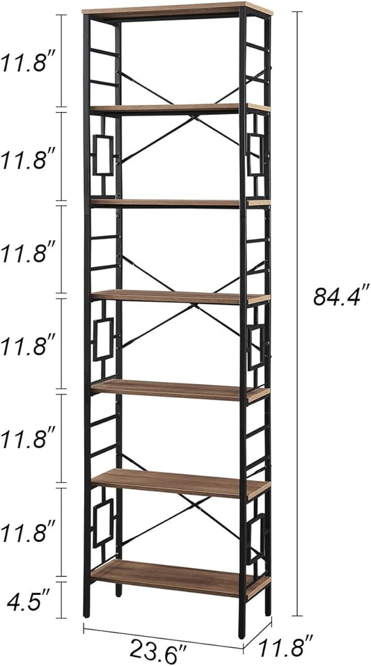 HOMISSUE Tall Bookshelf, Industrial 7-Tier Bookshelf with Unique Design, Open Bookshelves and Bookcases, Freestanding Book Shelf Bookcase for Living Room, Home Office and Bedroom, Rustic Brown