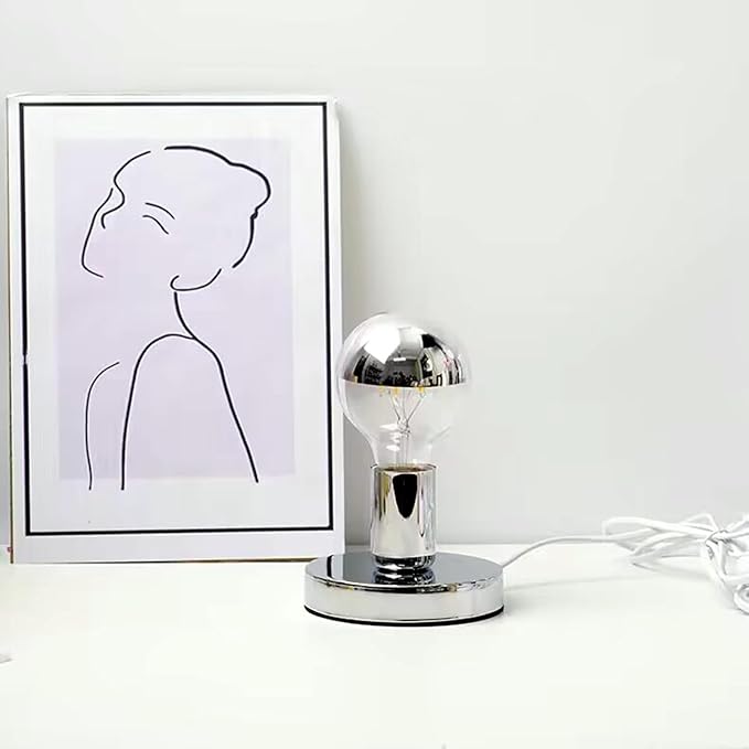 Simple Unique Lamp Base Only,Mini Bedside Table Lamp Bases,E26 Edison Light Bulb Stand Lamps for Small Spaces,Minimalist Desk Lamps Set w/ 5.8ft White Cord Switch Plug,No Bulb,Silver/Chrome,S