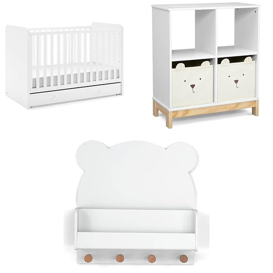Delta Children babyGap Graham 4-in-1 Convertible Crib with Storage Drawer + Brannan Bear Bookcase with Bins + Brannan Bear Wall Shelf with 4 Hooks, Bianca White (Bundle)