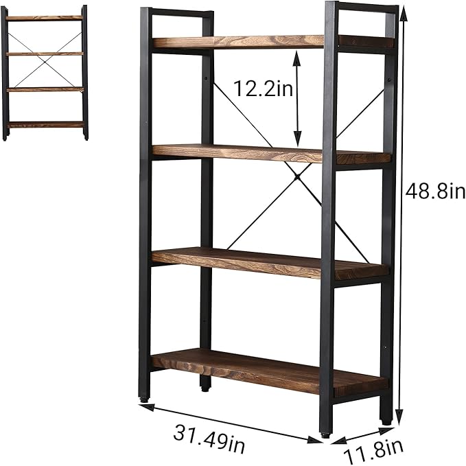 Solid Wood Bookshelf,4 Tier Rustic Vintage Industrial Etagere Bookcase, Open Metal and Wood Vintage Book Shelf, Retro Brown (Real Wood)(4-Tier)