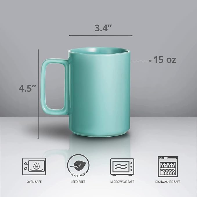 E-liu Large 15 Ounces Porcelain Coffee Mug Tea Mugs Set of 6 | Cups for Coffee, Tea, Cocoa, and Mulled Drinks , Dishwasher & Microwave Safe Gift Sets, Turquoise