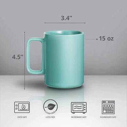 E-liu Large 15 Ounces Porcelain Coffee Mug Tea Mugs Set of 6 | Cups for Coffee, Tea, Cocoa, and Mulled Drinks , Dishwasher & Microwave Safe Gift Sets, Turquoise
