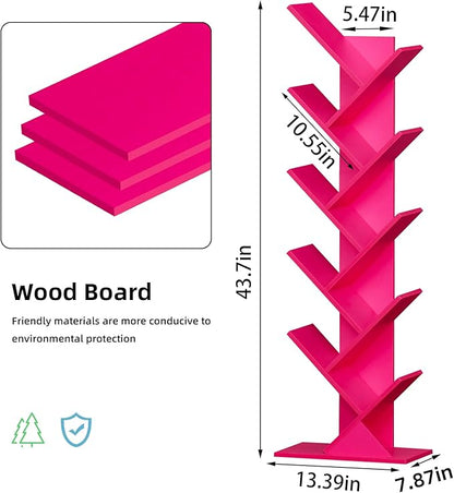 10 Tier Tree Book Shelf, Floor Standing Wood Bookshelf for Narrow Space, Storage Organizer Bookshelves for Books/CDs/Magazine, Bookcase with Shelves for Home Office, Living Room - Pink