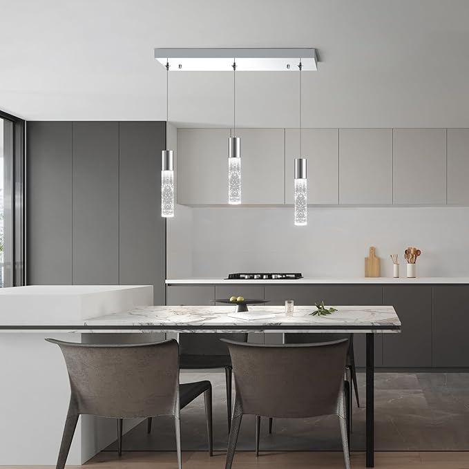 OKELI 3-Light Dimmable LED Pendant Lighting for Kitchen Island, 18W 1350LM Modern Crystal Bubble Island Light Fixture, 6000K Cool White, Adjustable Electro-Chrome Fixture, Easy Install, Square