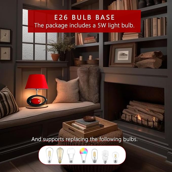 Red Modern Table Lamp, Ceramic Desk Lights with Linen Shade LED Bedroom Bedside Light Living Room Office Desk Night Lantern 14.8inch American Desktop Light for Home, E26 Base 60W 110V