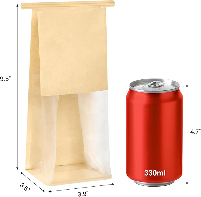 Ocmoiy Small Cookie Bags with Window, 3.9 x 3.5 x 9.5 Inches, 50 Pack | Tin Tie Tab Lock, Bakery Packaging Bag, Resealable Paper Pastry Bags, For Homemade Granola, Popcorn, Candies, Treat