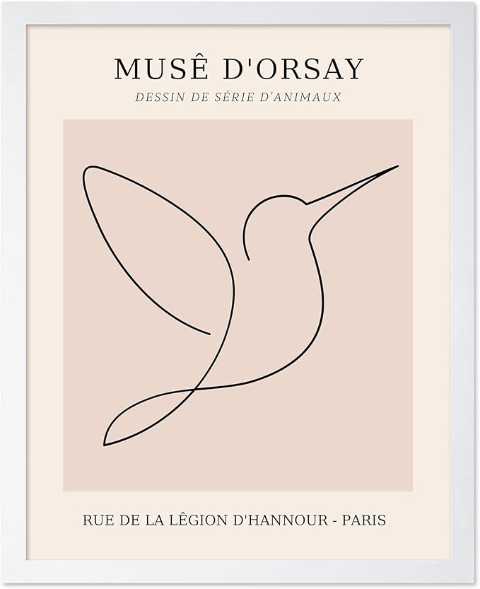 Poster Master Vintage Poster - Retro One Line Hummingbird Drawing Print - Bird Line Art - Minimal Gift for Him, Her, Animal Lover - Abstract Decor for Home, Office, 11x14 White Framed