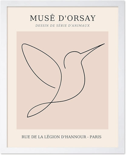 Poster Master Vintage Poster - Retro One Line Hummingbird Drawing Print - Bird Line Art - Minimal Gift for Him, Her, Animal Lover - Abstract Decor for Home, Office, 11x14 White Framed