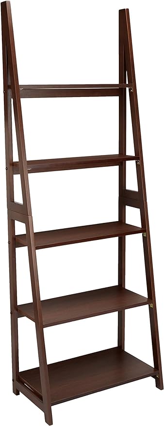 Amazon Basics Modern 5-Tier Ladder Bookshelf Organizer, Solid Rubberwood Frame, Walnut Finish, 14" D x 24.8" W x 70.1" H