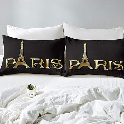 Erosebridal Eiffel Tower Comforter Set, City Building of Paris Bedding Set King Size, Gold Black Duvet Sets for Kids Boys Girls Teens Bedroom, Soft Microfiber Bedding Comforters with 2 Pillow Cases