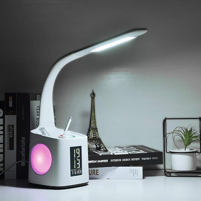 Donewin LED Desk Lamp with USB Charging Port&Pen Holder, Study Light with Clock, Kawaii Desk Accessories, Study Lamp for Kids/Girls/Boys,Desk Light for Office/Reading, Colorful Night Light,10W