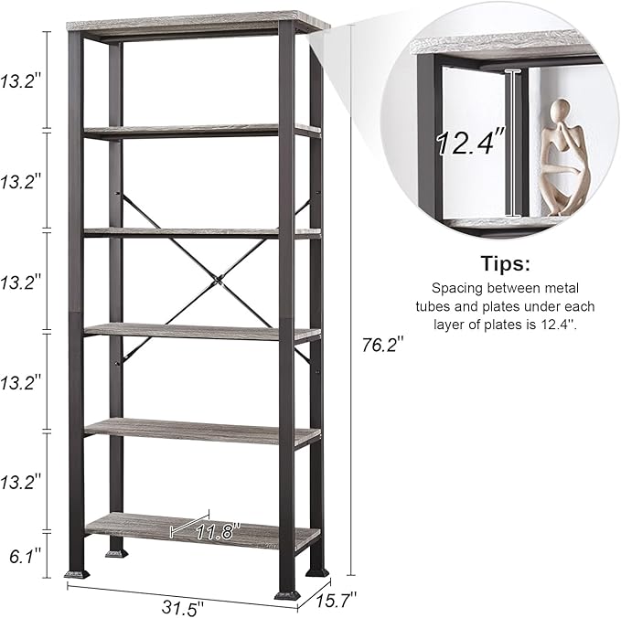 HOMBAZAAR Bookshelf, 6-Tier Vintage Industrial Book Shelf, Rustic Wood and Metal Bookcase and Bookshelves, Free Standing Storage Large Bookshelf for Living Room, Bedroom and Kitchen, Grey Oak