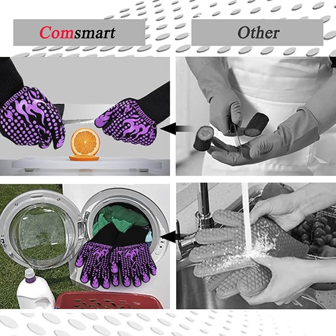 Comsmart BBQ Gloves, 1472 Degree F Heat Resistant Grilling Gloves Silicone Non-Slip Oven Gloves Long Kitchen Gloves for Barbecue, Cooking, Baking(Purple)