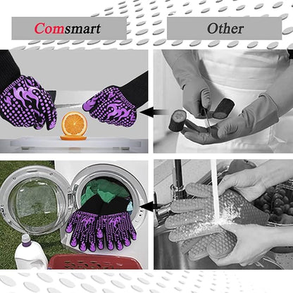 Comsmart BBQ Gloves, 1472 Degree F Heat Resistant Grilling Gloves Silicone Non-Slip Oven Gloves Long Kitchen Gloves for Barbecue, Cooking, Baking(Purple)