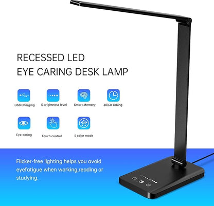 Ambertronix LED Desk Lamp with USB Charging Port, Dimmable Eye-Caring Reading Desk Light for Home, with 5 Brightness Level & 3 Lighting Modes, Touch Control, Auto Timer (Black)