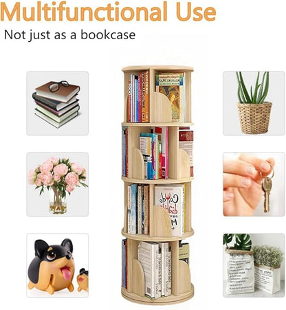 4 Tier Rotating Bookshelf, 360 Display Spinning Bookshelf, Rotating Bookcase for Kids&Adults, Wood Bookshelf for Bedroom, Living Room, Study Room
