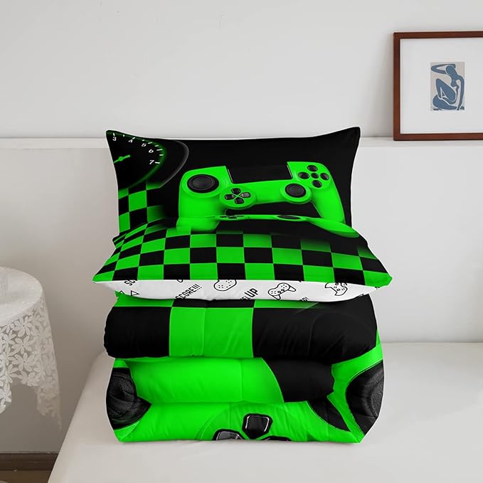 Erosebridal Gaming Comforter for Teen Boys Kids Girls,Gamepad Duvet Insert for Gamer Home Decor,Black Green Teens Gamer Bedding Set King,Buffalo Check Plaid Down Comforter Set with 2 Pillowcases