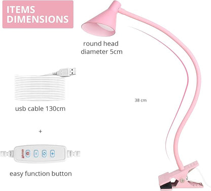 Desk Clip Reading Light, 3 Light Modes 10 Dimmable Brightness, Eye-Caring Bedroom Bedside Lamp, Flexible Neck Clamp Lamp（Pink）