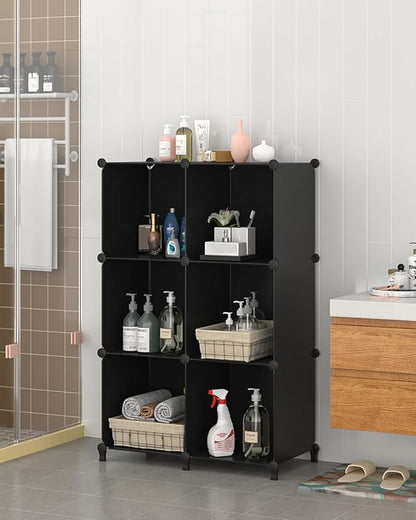 FUNLAX Cube Storage Shelf, 6 Storage Cubes Closet Organizers and Storage Portable Cube Storage Organizer Plastic Bookshelf Bookcase for Study Room, Bedroom, Office, Black