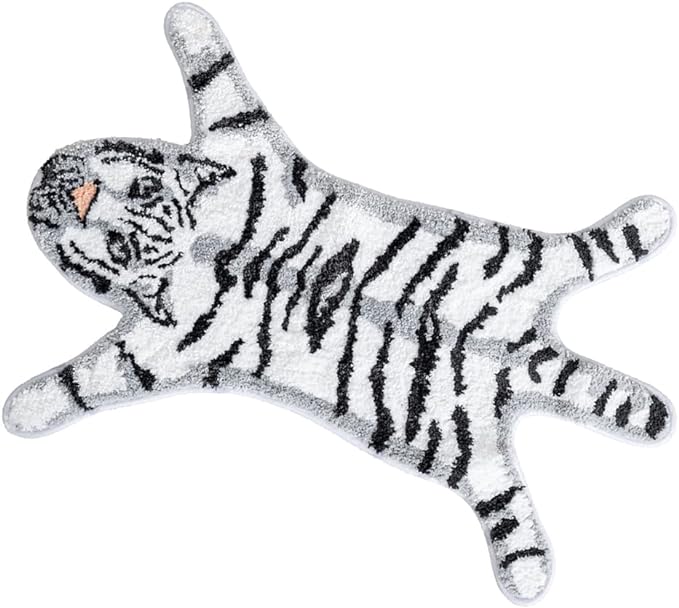Tiger Shaped Bathroom Rug Animals Bath Mat Rug Non-Slip Bathroom Door Mat for Bedroom Bathroom Kitchen Cartoon Rug for Bathroom Tub Soft Bathmat Home Decor (65x98cm/25.6x38.6in) White