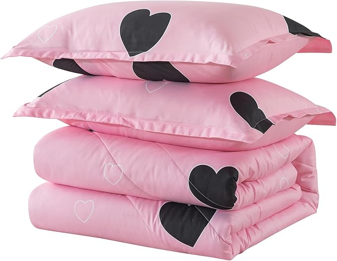 Love Pattern Girls Pink Comforter Set King Size, Blush Pink Cute Love Heart Sexy Comforter Bedding Set for All Seasons, Soft Microfiber 3 Pieces Comforter Set with Pillowcases