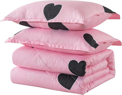 Love Pattern Girls Pink Comforter Set King Size, Blush Pink Cute Love Heart Sexy Comforter Bedding Set for All Seasons, Soft Microfiber 3 Pieces Comforter Set with Pillowcases
