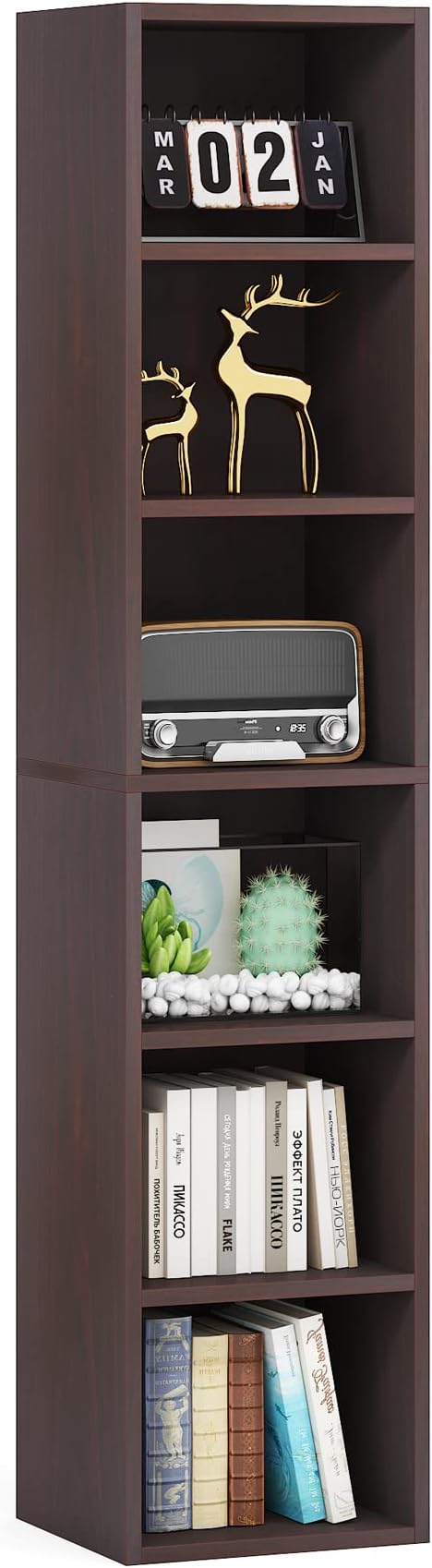 70.9 Inch Tall Narrow Bookcase, Corner Bookshelf 6 Tier Cube Display Shelf Storage Organizer for Small Space, Brown