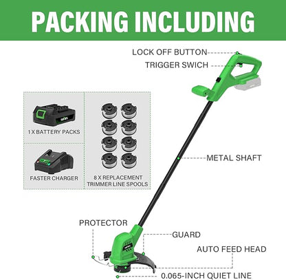 SOYUS Weed Wacker Battery Powered 10 Inch, String Trimmer Cordless with 2.0Ah Battery, Lightweight Edger Trimmer with 8 Pcs Replace Spool Trimmer Lines