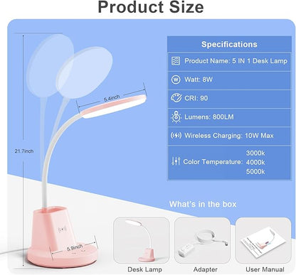 Sailstar Desk Lamp for Home Office, Small Desk Lamp with Wireless Charger & Pen Holder, Cute Desk Lamp LED Dimmable Touch 3 Lighting Modes Memory, Gooseneck Pink Desk Light for College Dorm Room